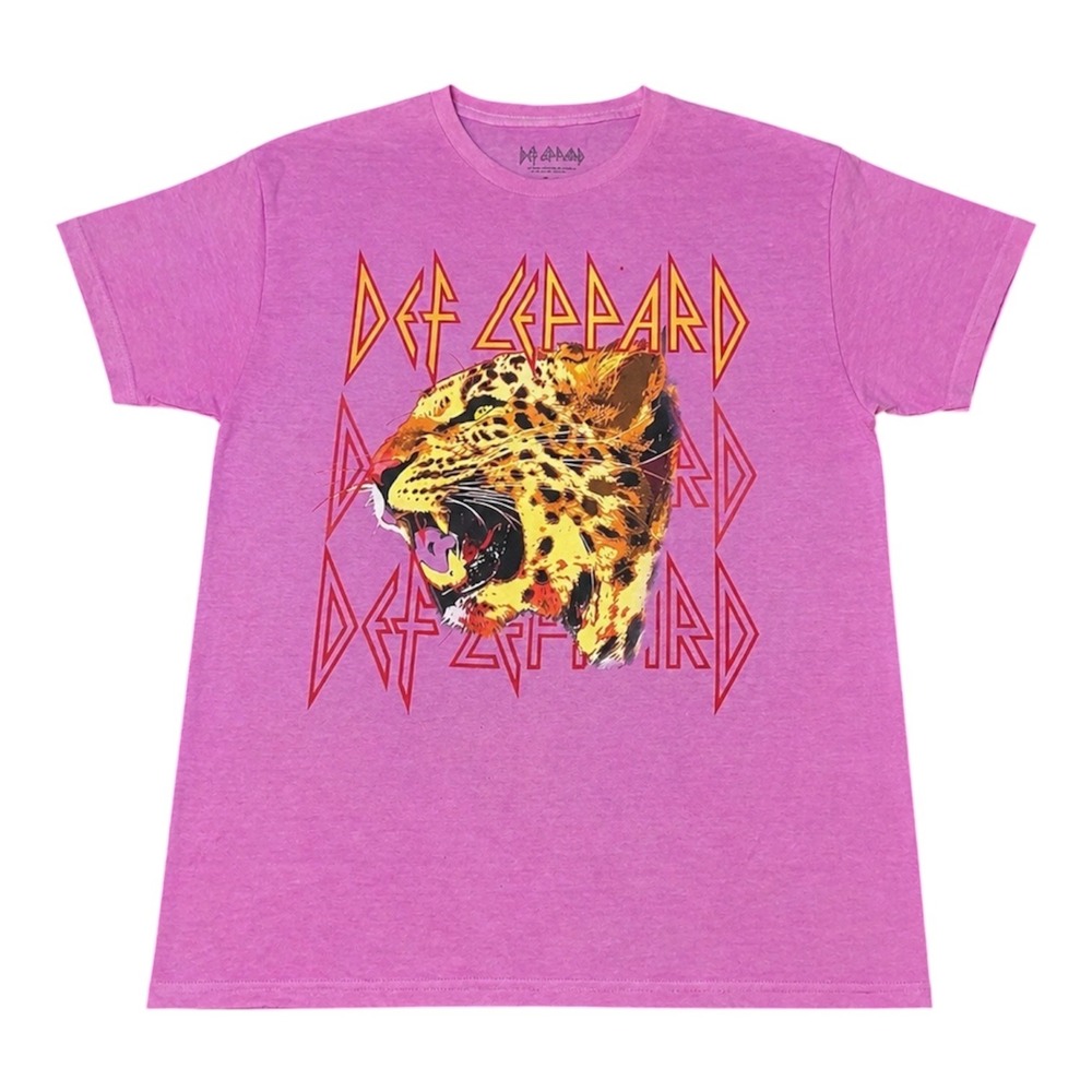 Def Leppard Pink Graphic Tee Leopard Head Rock Band T-Shirt Womens Large